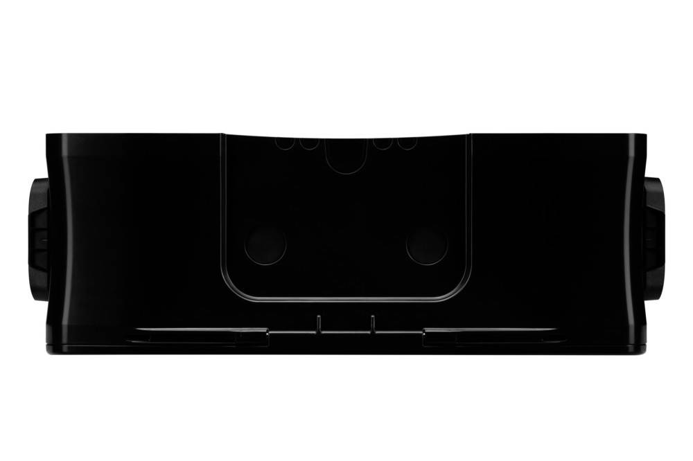 Ein schwarzes, rechteckiges Waschbecken mit einer flachen Oberfläche und abgerundeten Kanten, das subtile kreisförmige Vertiefungen und ein minimalistisches Design aufweist.