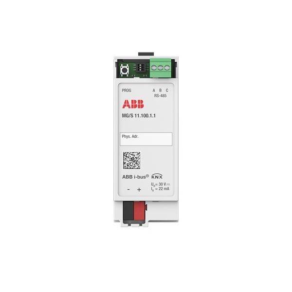 ABB i-bus KNX RS-485 Schnittstellenmodul mit Anschlussklemmleisten und Programmieretikett auf weißem Hintergrund.