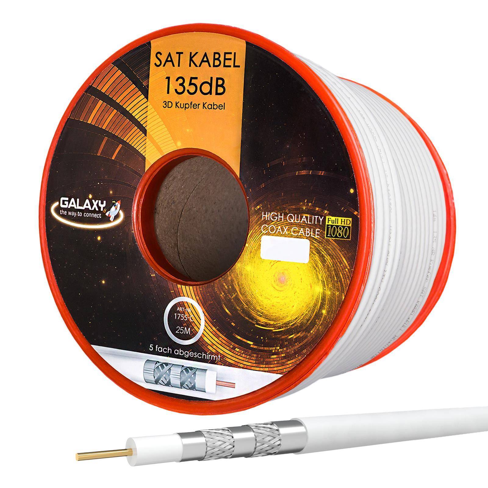 hb-digital 25m Koaxialkabel Galaxy 135dB 5-Fach geschirmt Reines Kupfer weiß