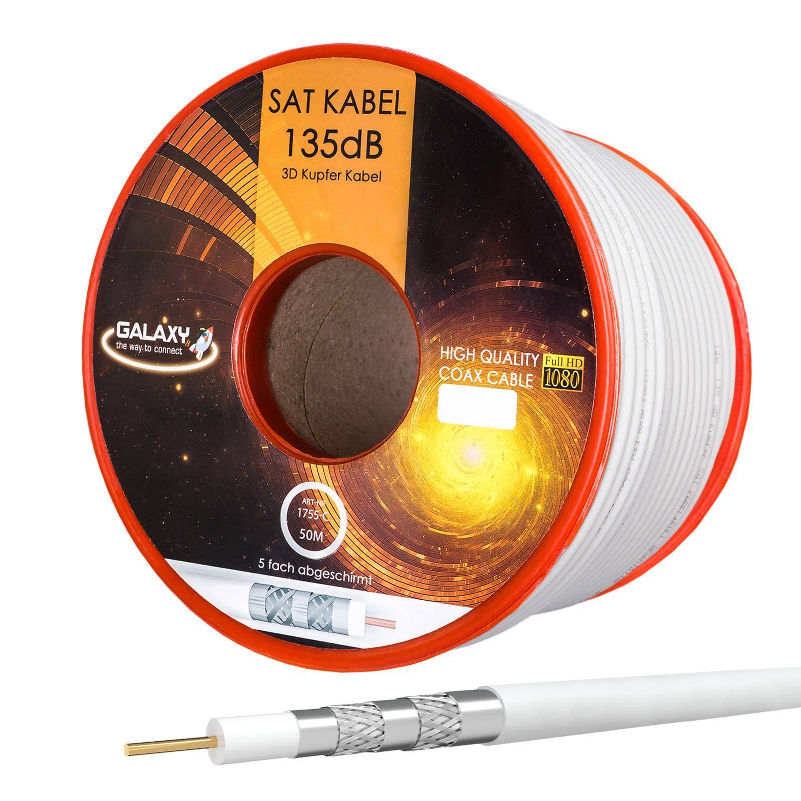 hb-digital 50m Koaxialkabel Galaxy mit Außen Durchmesser 7mm 135dB 5-Fach geschirmt Reines Kupfer weiß
