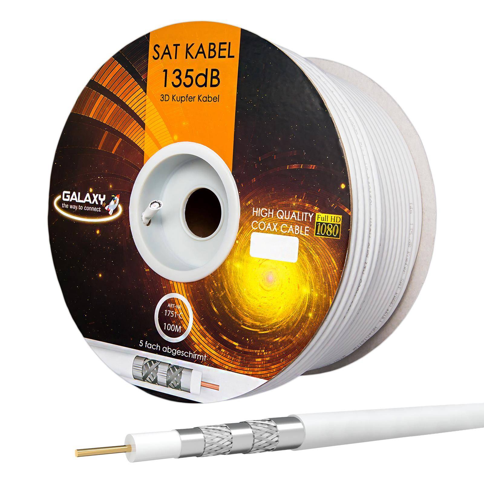 hb-digital 100m Koaxialkabel Galaxy mit Außen Durchmesser 7mm 135dB 5-Fach geschirmt Reines Kupfer weiß