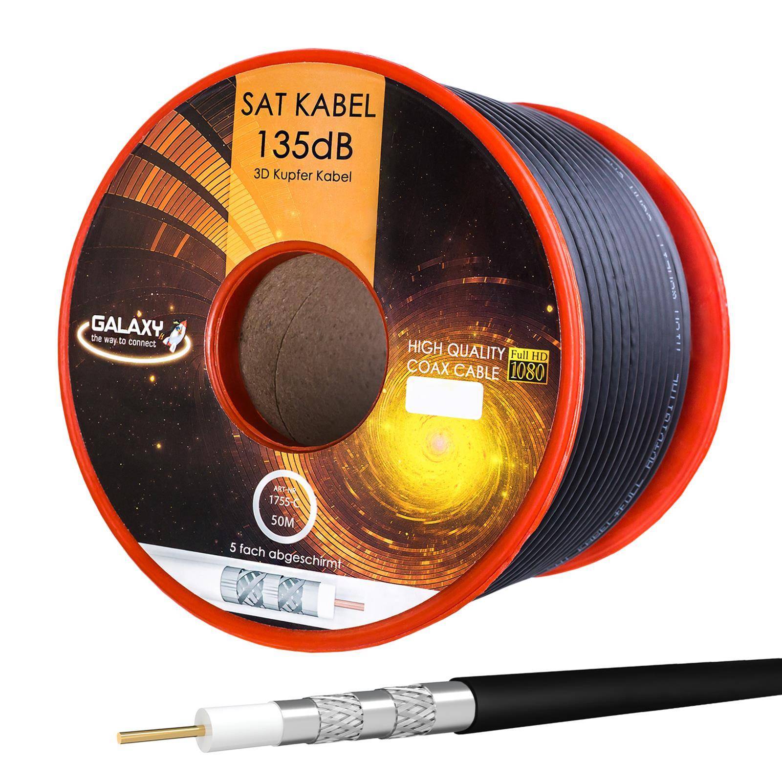 hb-digital 50m Koaxialkabel Galaxy 135dB 5-Fach geschirmt Reines Kupfer schwarz