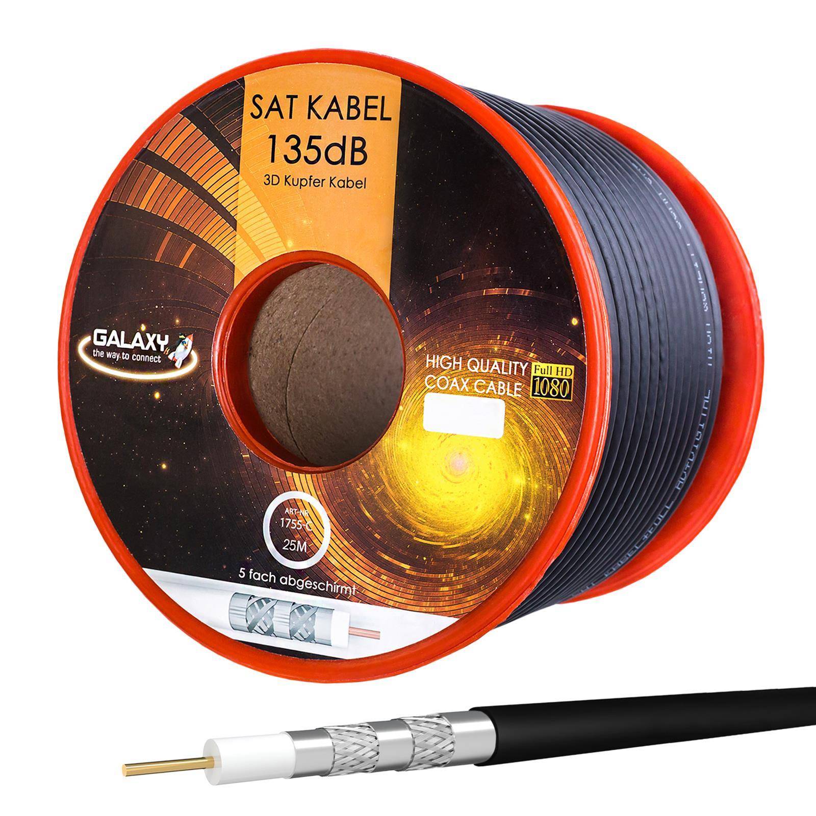 hb-digital 25m Koaxialkabel Galaxy 135dB 5-Fach geschirmt Reines Kupfer schwarz