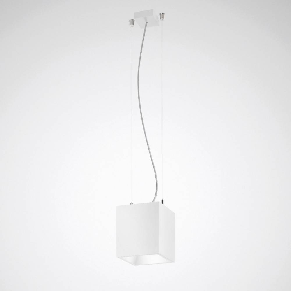 Eine moderne Pendelleuchte mit einem kubischen weißen Lampenschirm, die von zwei dünnen Kabeln von der Decke abgehängt wird, vor einem schlichten Hintergrund.