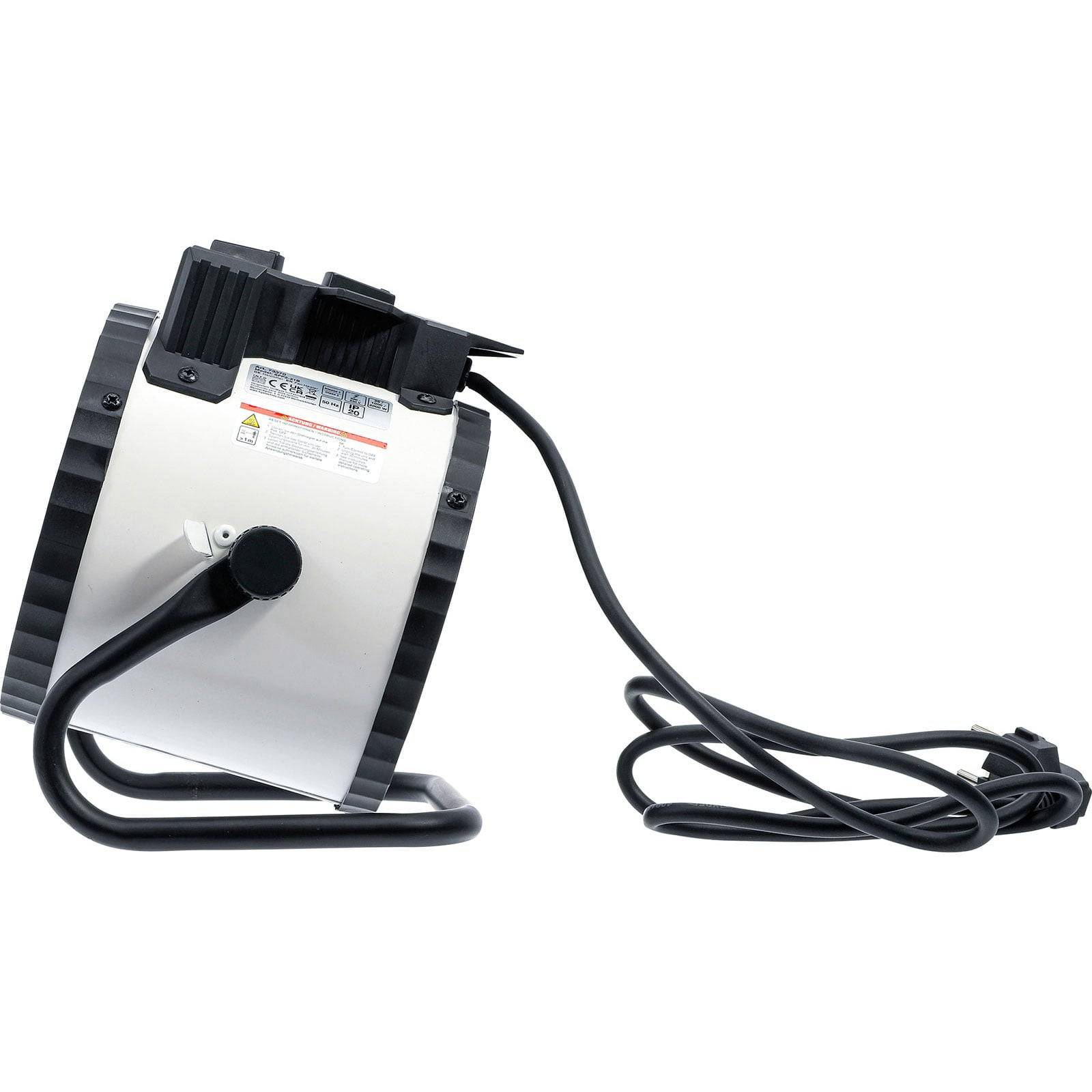 Tragbarer Elektroheizlüfter in einem Metallgehäuse mit Griff, verstellbarem Ständer und Netzkabel, verwendet zur Raumheizung im Innenbereich.