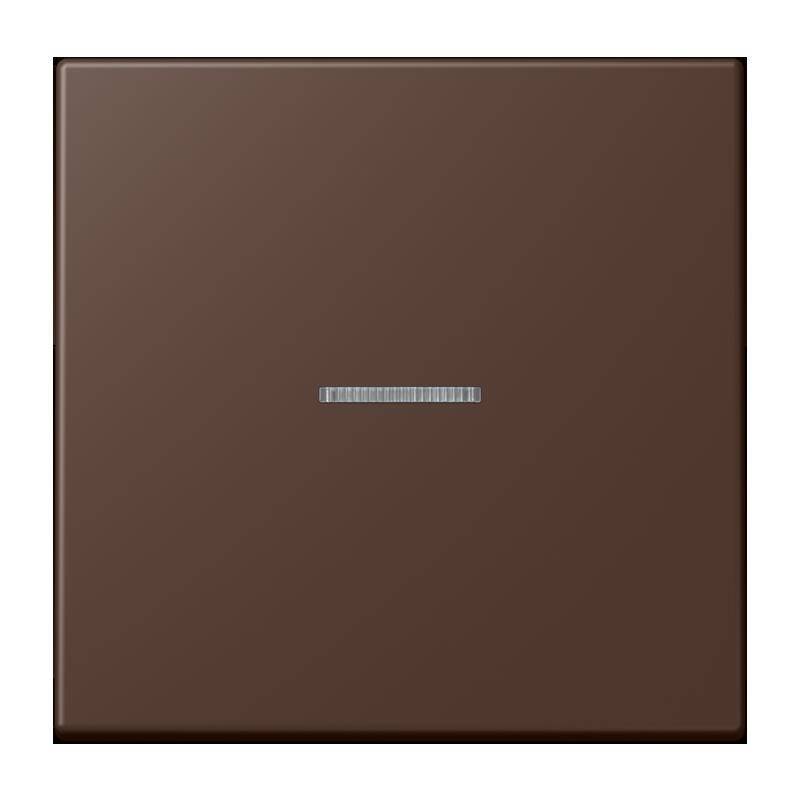 Ein quadratischer, dunkelbrauner Wandschalter mit einem schmalen horizontalen Streifen in der Mitte.