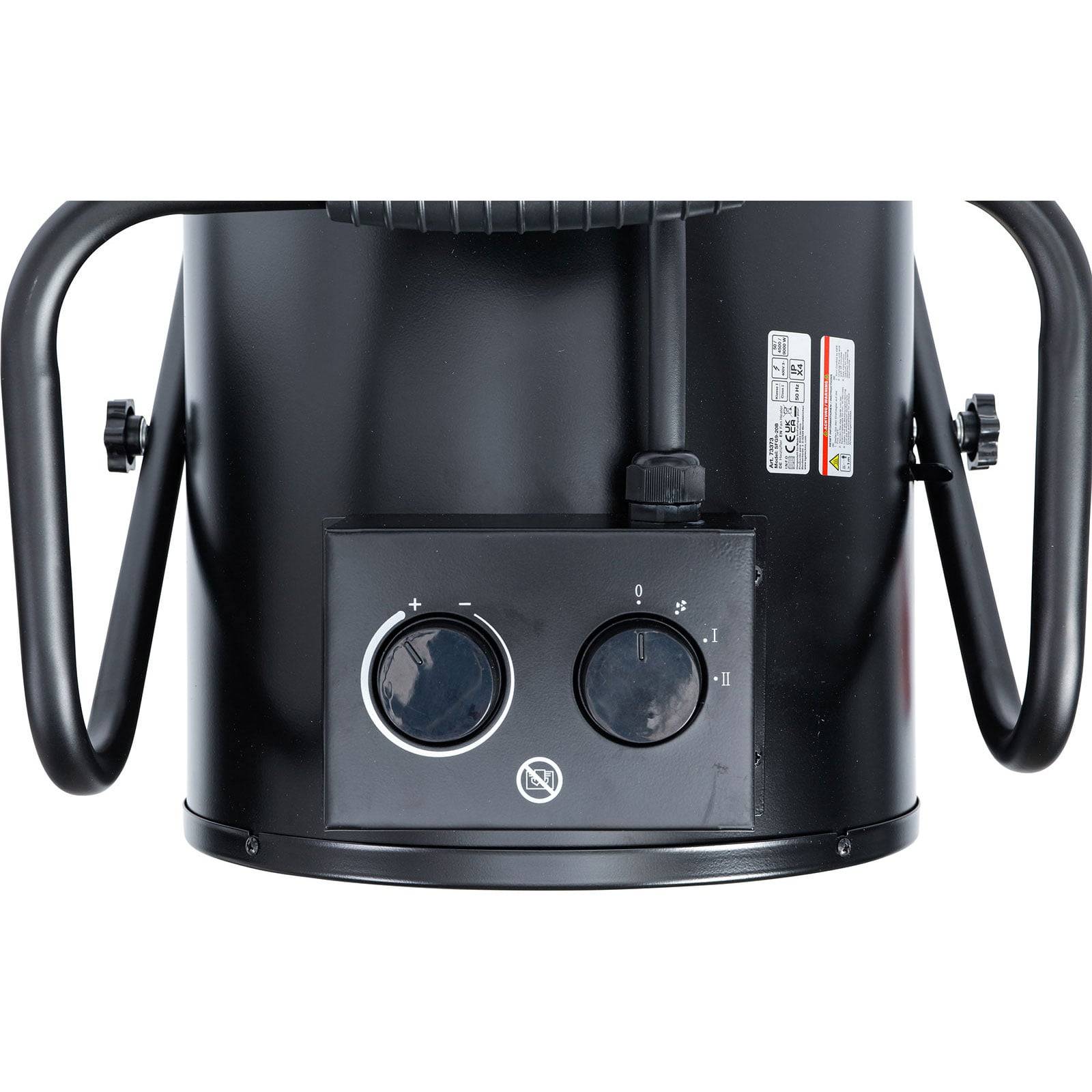 Eine schwarze Bühnenbeleuchtungseinheit mit zwei Regelknöpfen; einer für Intensität (0 bis 1) und einer für Fokus (+ bis -), mit Griffen an den Seiten.