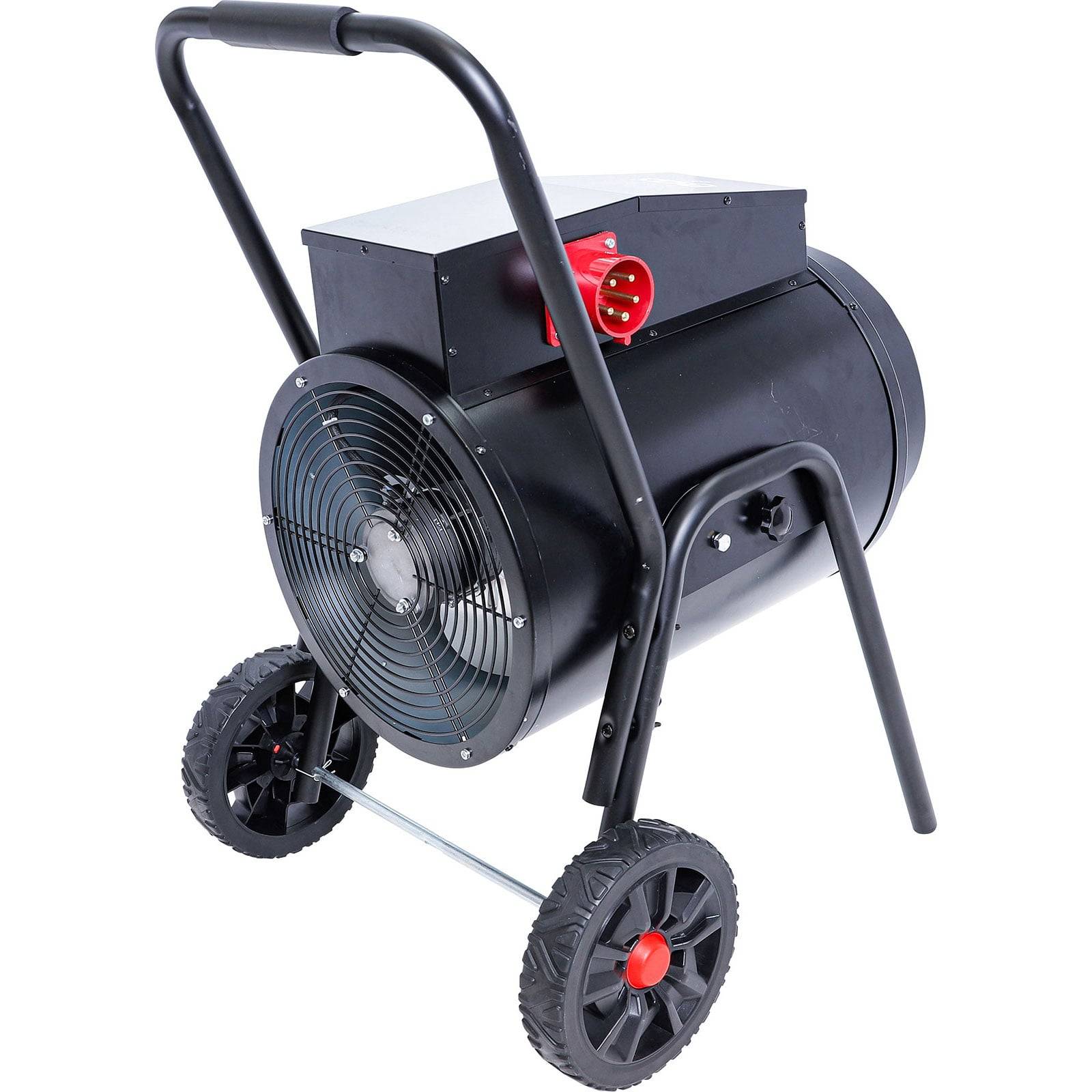 Ein tragbarer industrieller Lüfterheizer auf Rollen, mit schwarzem Metallgehäuse, einem vorderen Ventilator zur Luftverteilung und einem roten Steckverbinder oben.