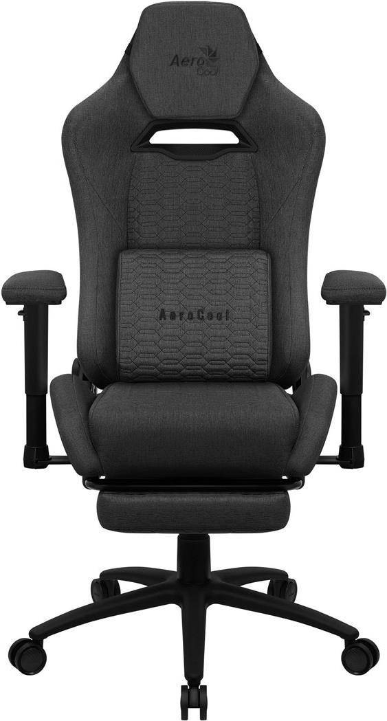 Schwarzer Aerocool Avanz Gaming-Stuhl mit hoher Rückenlehne, Kopfstützenausschnitt, Armlehnen und fünfrädrigem Standfuß auf weißem Hintergrund.
