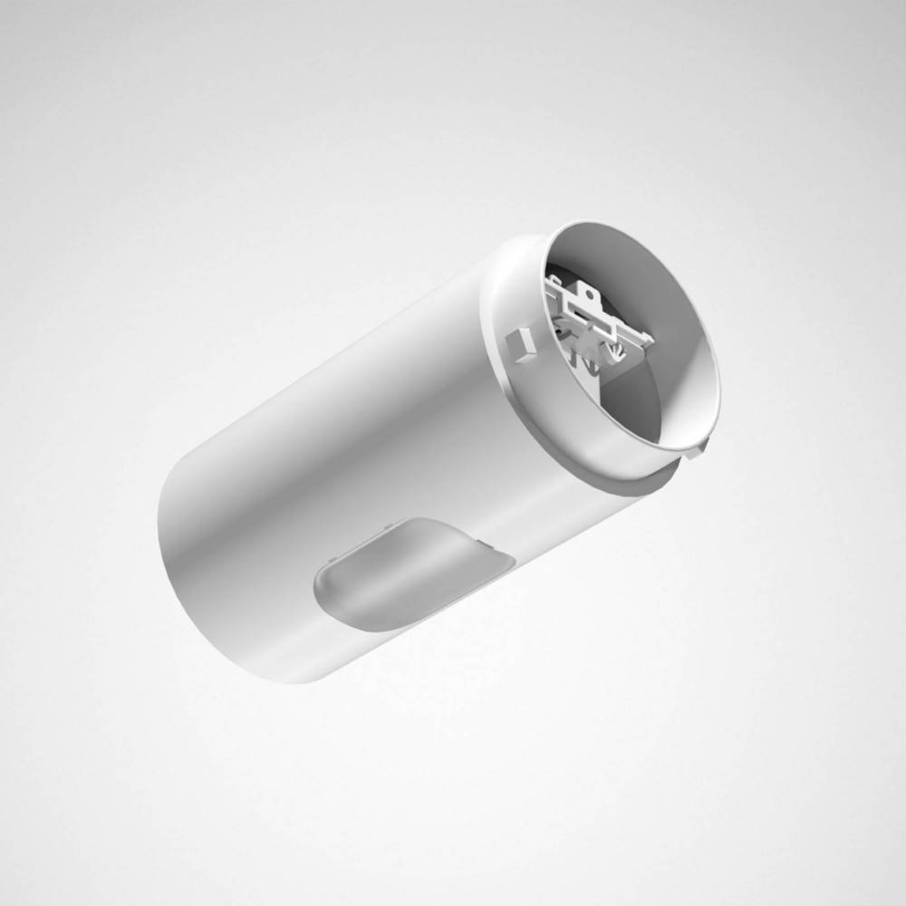 Ein schlanker, zylindrischer Behälter in minimalistischem Design, der einen teilweisen Ausschnitt zur Offenlegung interner Mechanismen aufweist, vor einem schlichten Hintergrund.