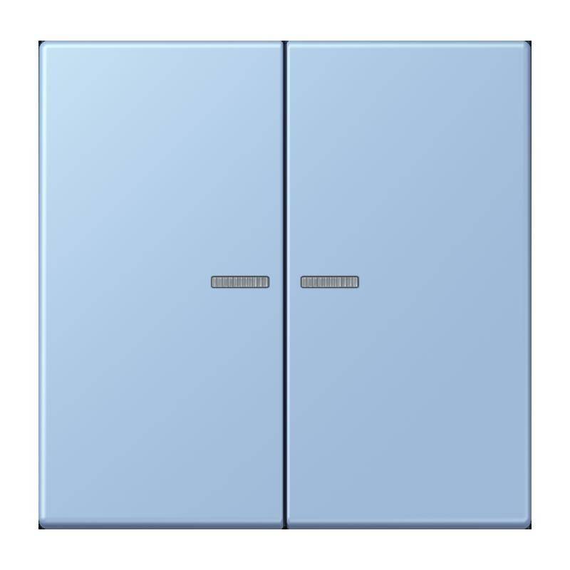 Ein minimalistisches Bild, das einen geschlossenen, schlanken hellblauen Doppeltür-Kühlschrank mit zwei kleinen Griffen in der Mitte zeigt.