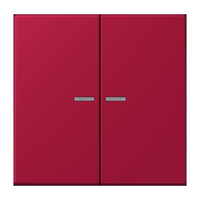 Eine rote Doppelflügel-Schranktür mit Metallgriffen, die mittig auf jeder Tür angebracht sind.