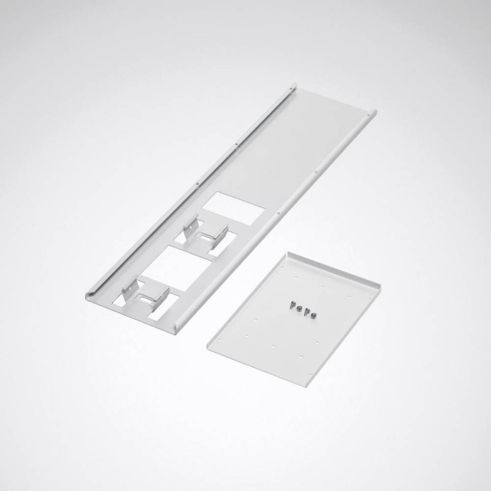 Flachbildschirm-TV-Wandhalterungsset, bestehend aus Halterung, Schrauben und Grundplatte, vor weißem Hintergrund.