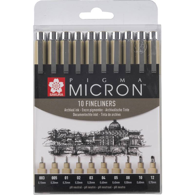 Pigma Micron 10 Fineliner-Set, das Penstiftspitzen und -größen von 003 bis 12 zeigt, mit einer Stadtlandschaftsillustration darunter.