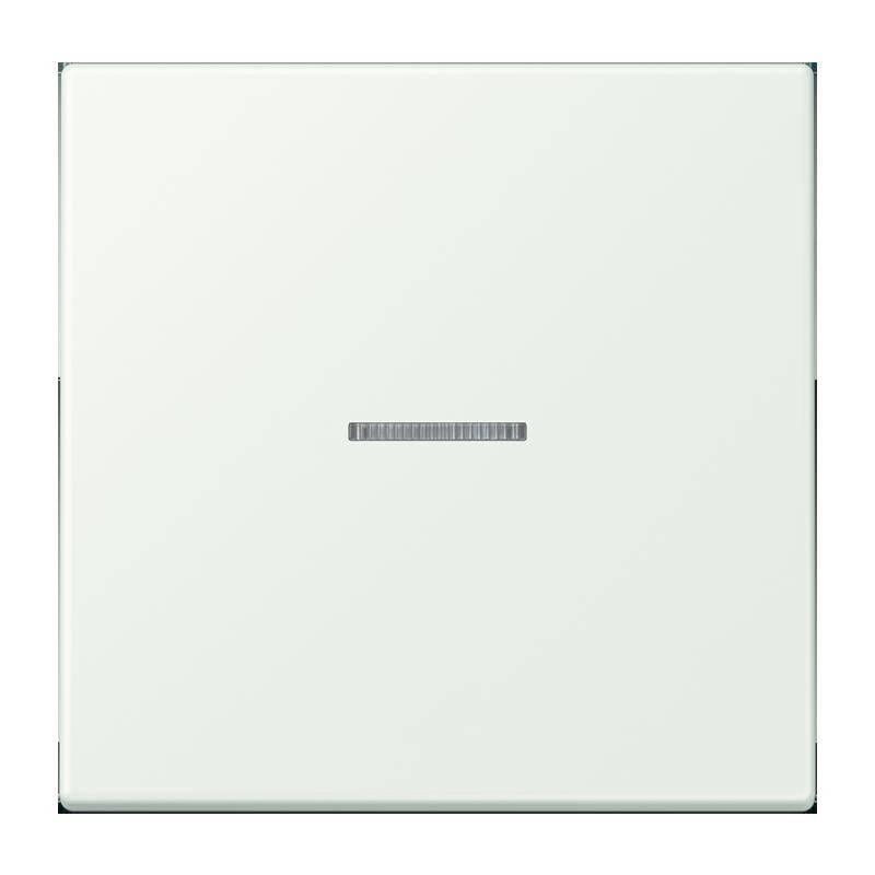 Ein minimalistischer quadratischer Lichtschalter mit einer schmalen horizontalen Linie in der Mitte, vor einem schlichten weißen Hintergrund.