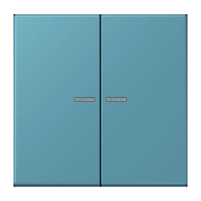 Ein hellblauer, zweitüriger Schrank mit minimalistischem Design und dezenten horizontalen Griffen, die mittig auf jeder Tür angebracht sind.