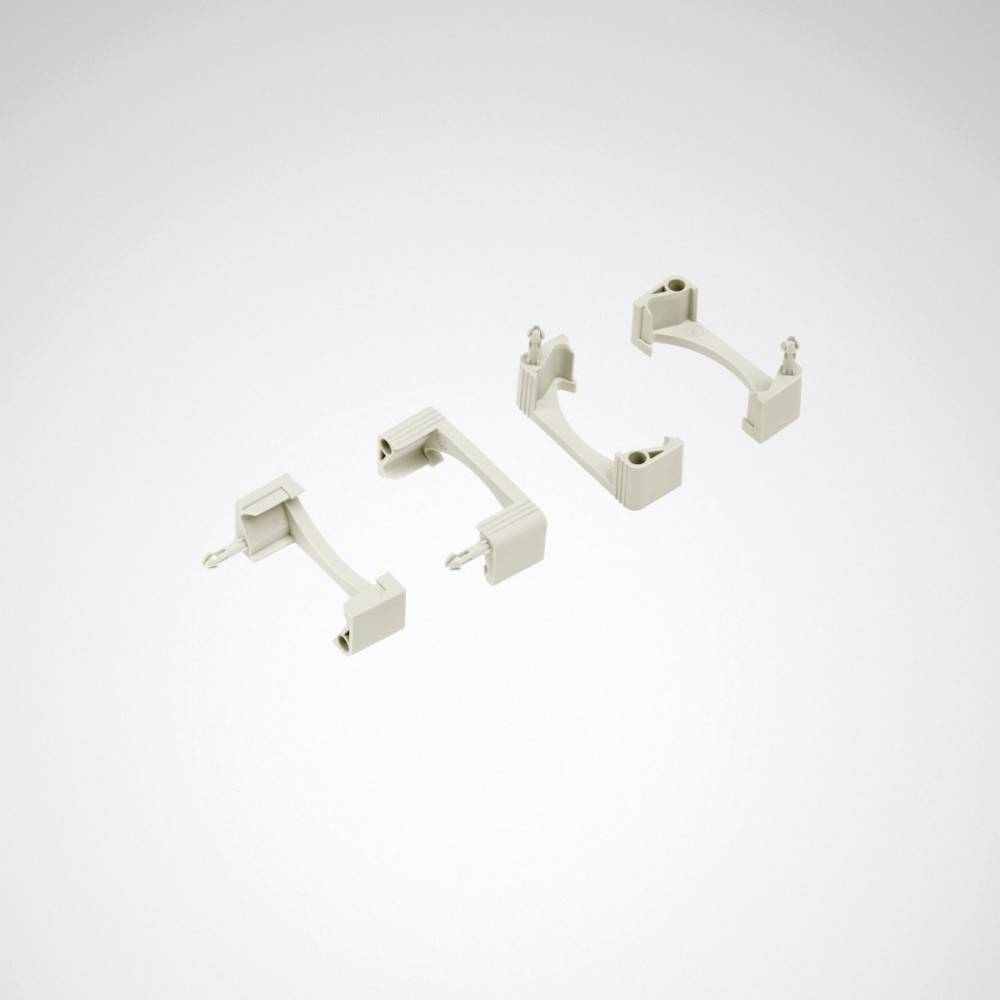 Zwei graue Plastik-U-Förmige Klammern mit hervorstehenden Stifte, in Paaren auf einem hellen Hintergrund angeordnet. Jedes Paar wird aus verschiedenen Blickwinkeln gezeigt.