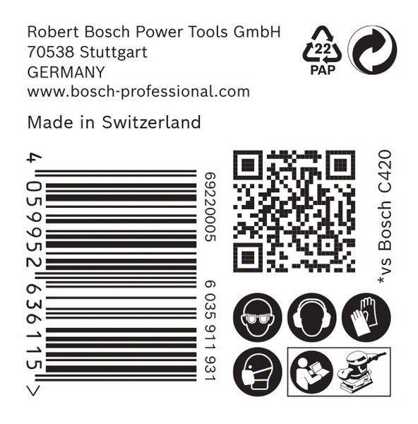 Bosch Werkzeugverpackungsetikett mit Barcode, QR-Code, Sicherheitssymbolen für Gehör- und Augenschutz, Handschuhe und Staubmaskennutzung. Hergestellt in der Schweiz.