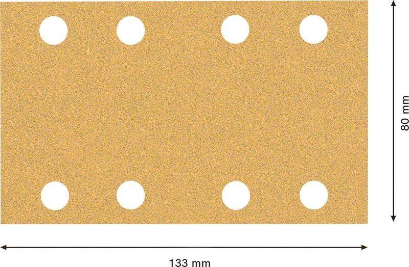 Ein rechteckiges Blatt Schleifpapier mit sechs runden Löchern und einer Maßangabe von 133 mm unterhalb des Blattes.