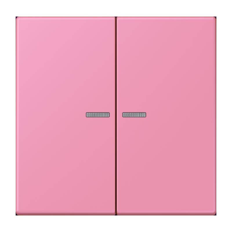 Ein Paar geschlossene, rosa Kühlschranktüren mit kleinen, horizontalen Griffen, die mittig auf jeder Tür angebracht sind.