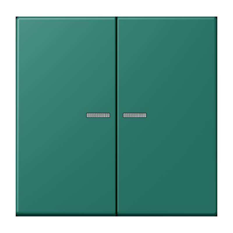 Ein grüner Doppeltürschrank mit silbernen horizontalen Griffen.