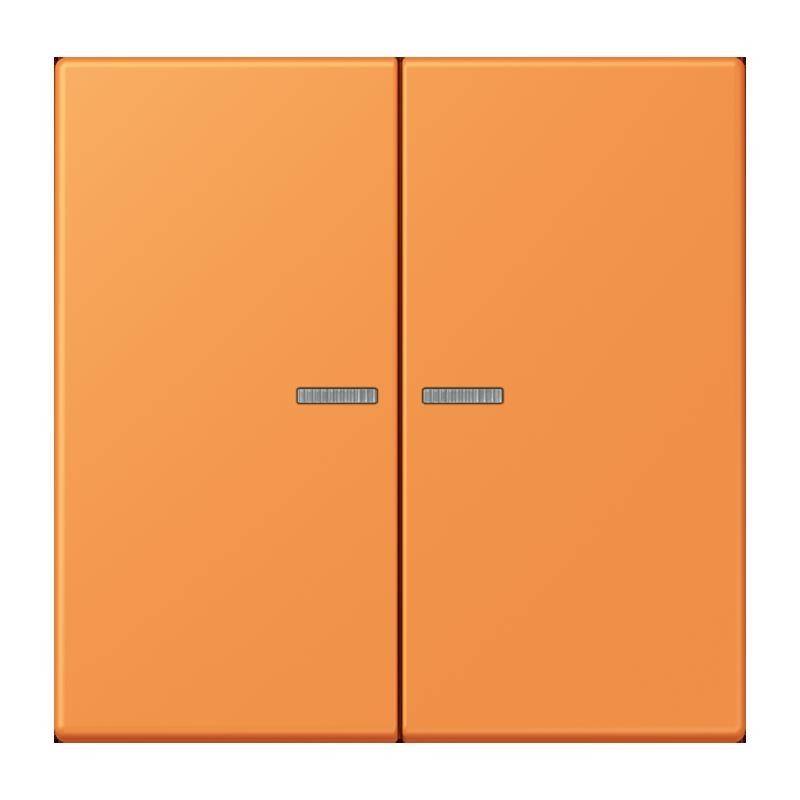 Ein orangefarbener Doppeltürschrank mit kleinen horizontalen silbernen Griffen in der Mitte.