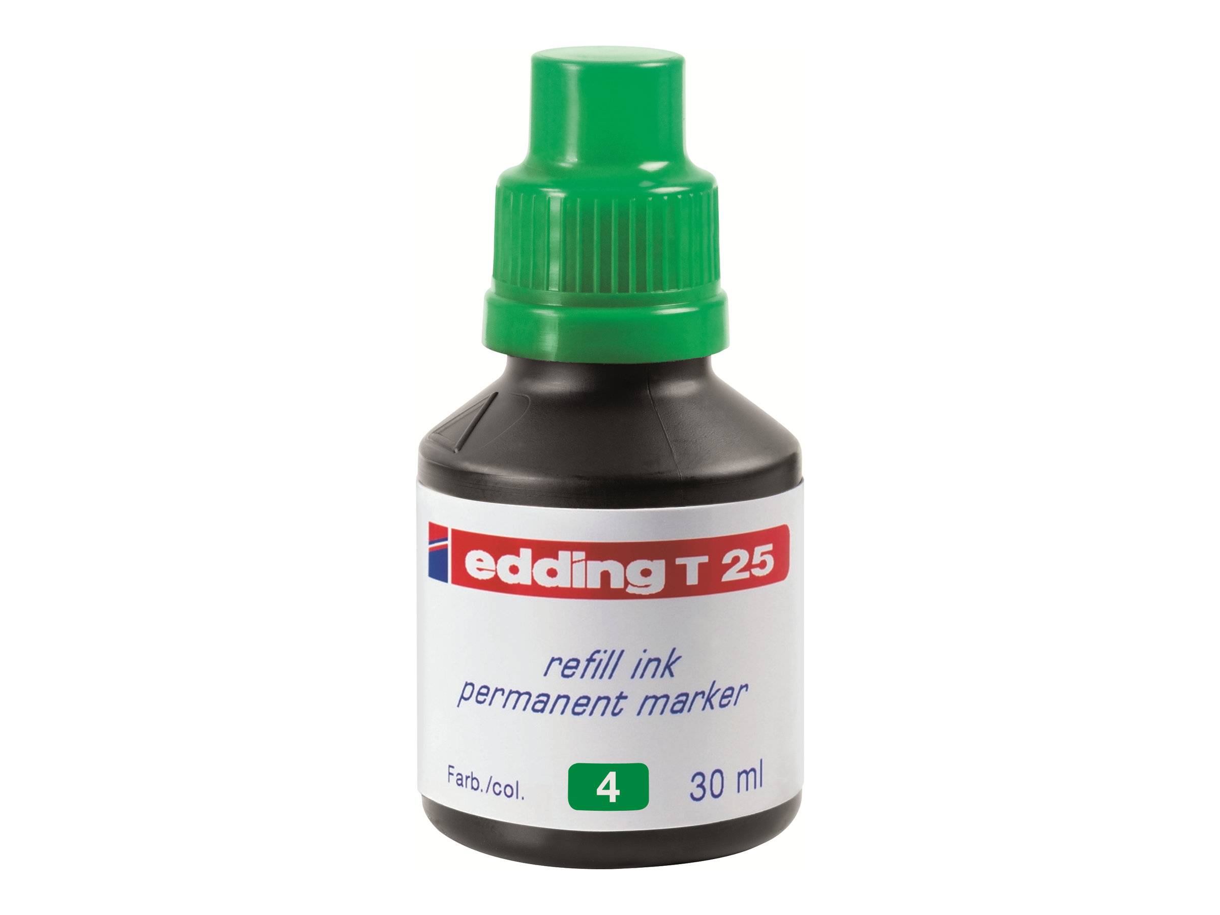 Flasche Edding T 25 Nachfülltinte für Permanentmarker, 30 ml, Farbe 4, mit grünem Verschluss.