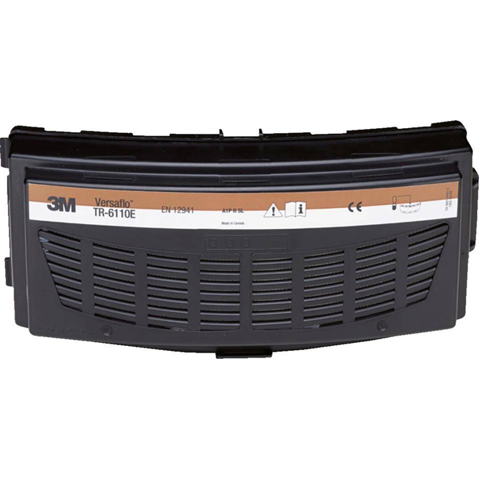 3M Versaflo TR-6110E Atemschutzfilterpatrone mit Motorunterstützung, schwarz mit vorderen Belüftungsschlitzen und Produktetikett.