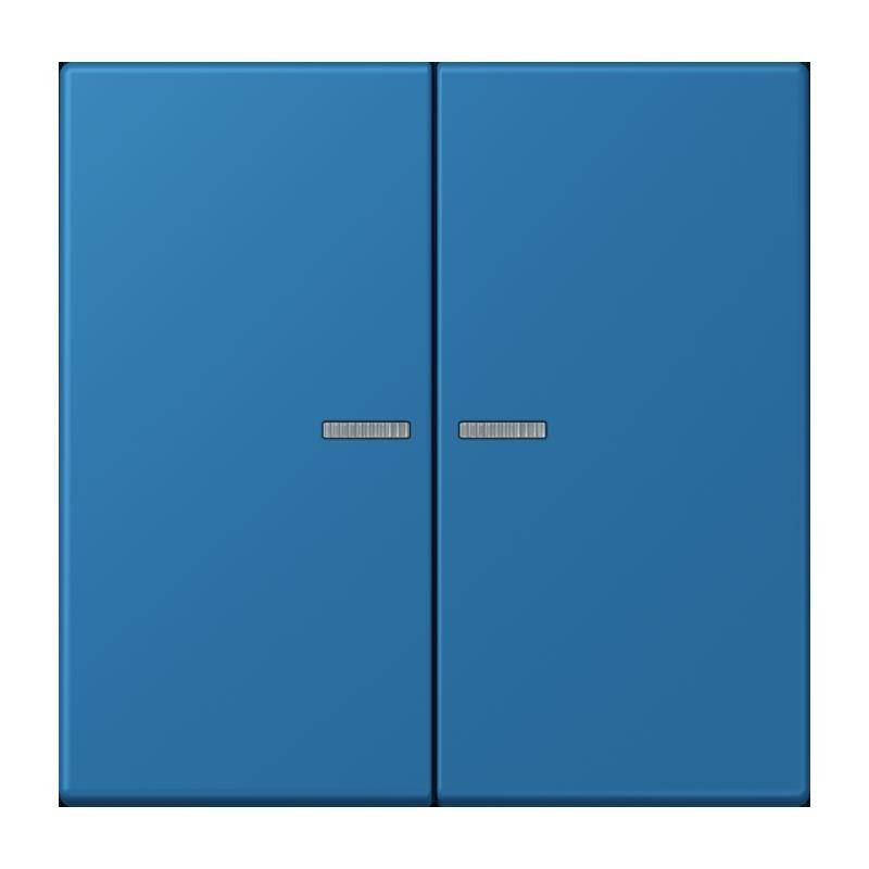 Ein blaues Doppeltürenschrank mit flachen Metallgriffen, die mittig auf jeder Tür angebracht sind, vor einem schlichten weißen Hintergrund.