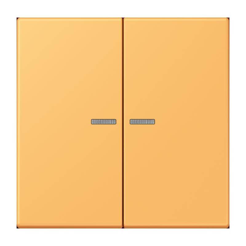 Ein helles orangefarbenes, zweifaches Lichtschalter mit zwei rechteckigen Tasten, die jeweils einen kleinen, horizontal strukturierten Griff in der Mitte haben.