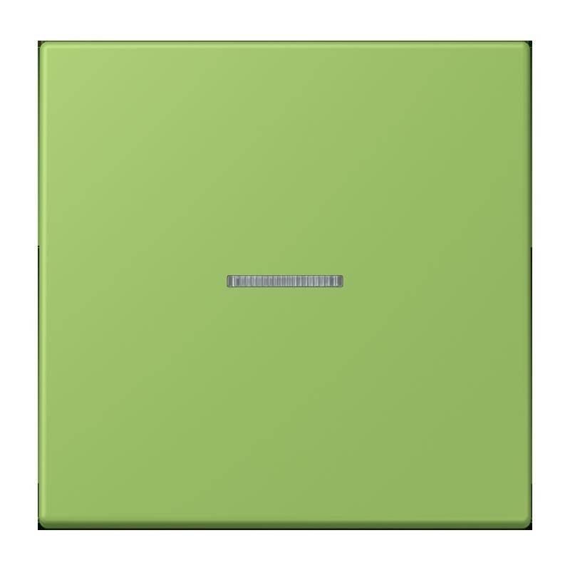 Ein grüner Wandschalter mit einem kleinen horizontalen Indikator in der Mitte, der sich in ein modernes Innendesign einfügt.