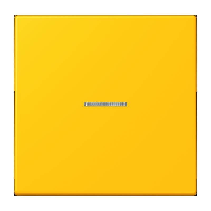 Ein lebendiges gelbes Quadrat mit einem kleinen horizontalen silbernen Streifen in der Mitte vor einem weißen Hintergrund.