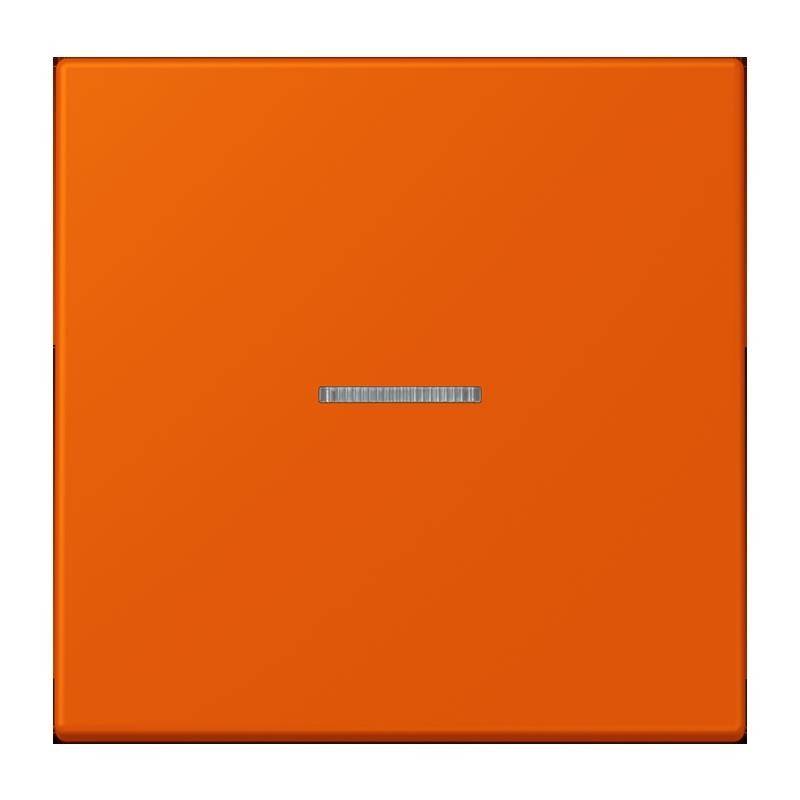 Ein quadratischer orangefarbener Wandschalter mit einem horizontalen silbernen Schalter in der Mitte.