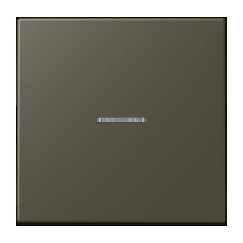 Ein quadratischer, dunkelgrauer Lichtschalter mit einer schmalen horizontalen weißen Indikatorlinie in der Mitte, der typischerweise für moderne elektrische Installationen verwendet wird.