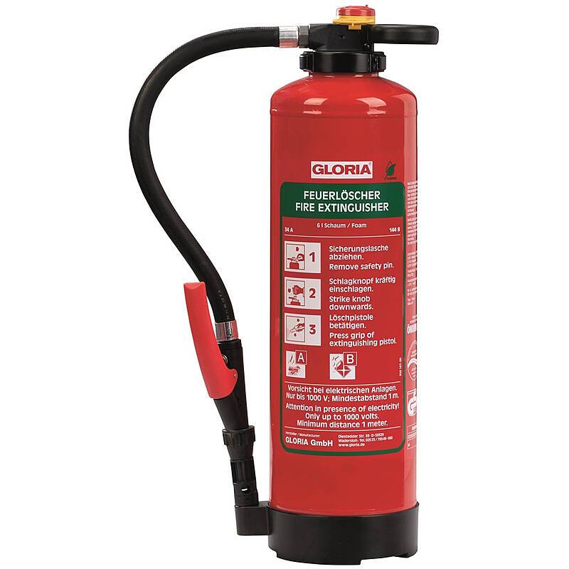 Roter GLORIA-Feuerlöscher mit schwarzem Schlauch und Sicherheitsanweisungen auf dem Etikett.