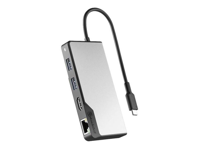 USB-C-Hub mit mehreren Anschlüssen, einschließlich zwei USB-A-Anschlüssen, HDMI, Ethernet und einem angeschlossenen USB-C-Kabel.