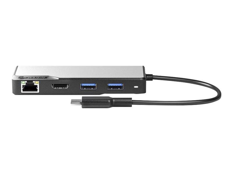 USB-C-Hub mit Ethernet, HDMI und zwei USB-A-Anschlüssen, gezeigt mit angeschlossenem USB-C-Kabel auf weißem Hintergrund.