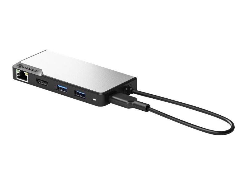 Kompakter USB-C-Hub mit Ethernet-Anschluss, HDMI, zwei USB-A-Anschlüssen und angebrachtem Kabel auf weißem Hintergrund.
