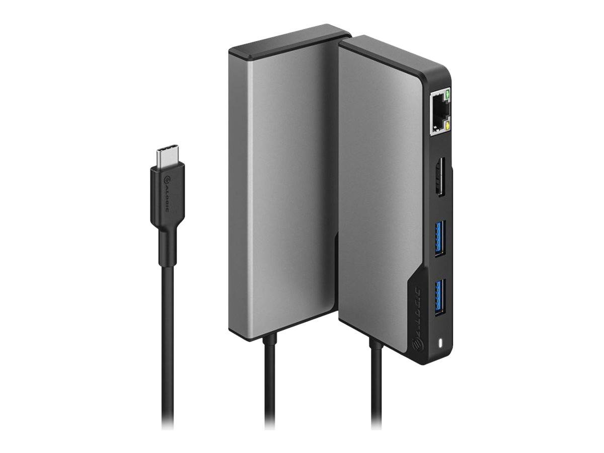 USB-C-Hub mit doppelten ausklappbaren Paneelen und integriertem Kabel, zeigt Ethernet-, HDMI- und USB-Anschlüsse