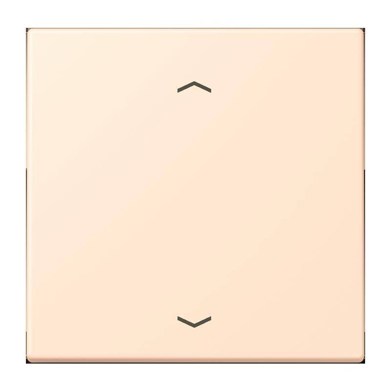 Ein beige farbener quadratischer Drucktaster mit schwarzen Pfeilen nach oben und unten, der eine Funktion zum Steuern von Lautstärke oder Helligkeit andeutet.