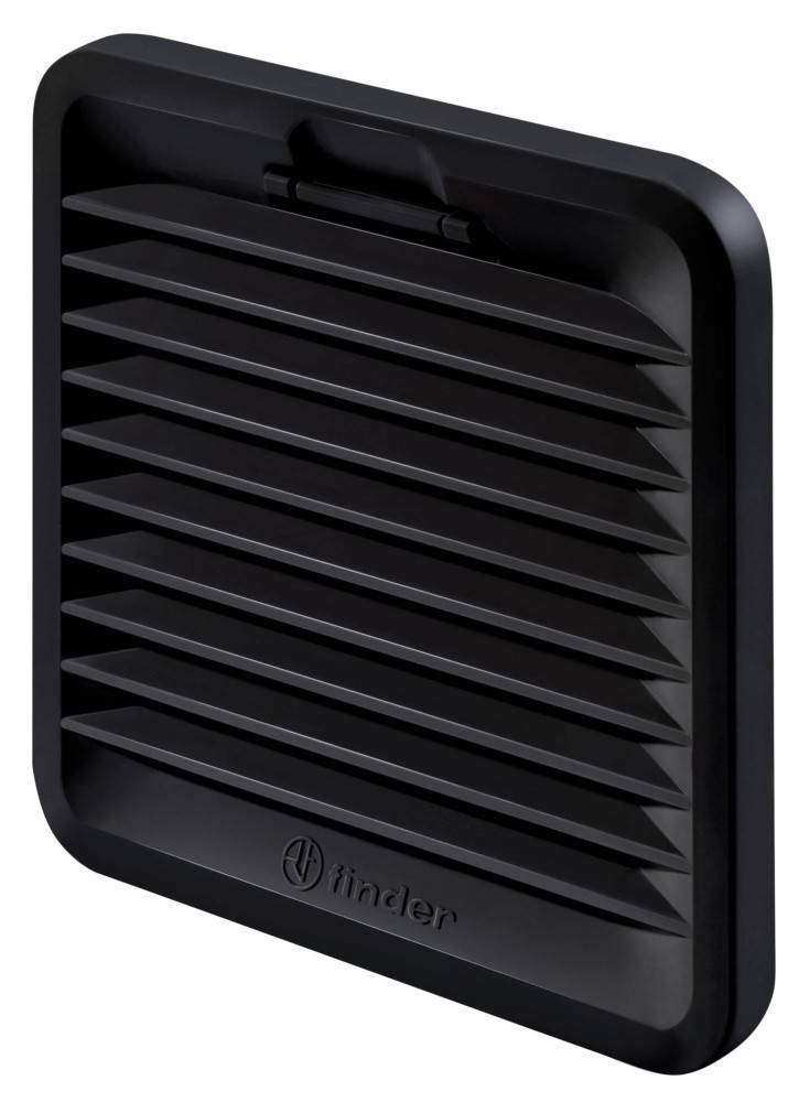Ein schwarzes, rechteckiges Lüftungsgitter mit horizontalen Lamellen, an einer Oberfläche montiert.