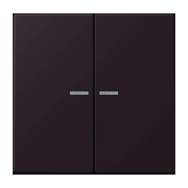 Ein dunkelbraunes Doppeltürenschrank mit metallfarbenen horizontalen Griffen, der ein schlankes, minimalistisches Design vor einem weißen Hintergrund aufweist.