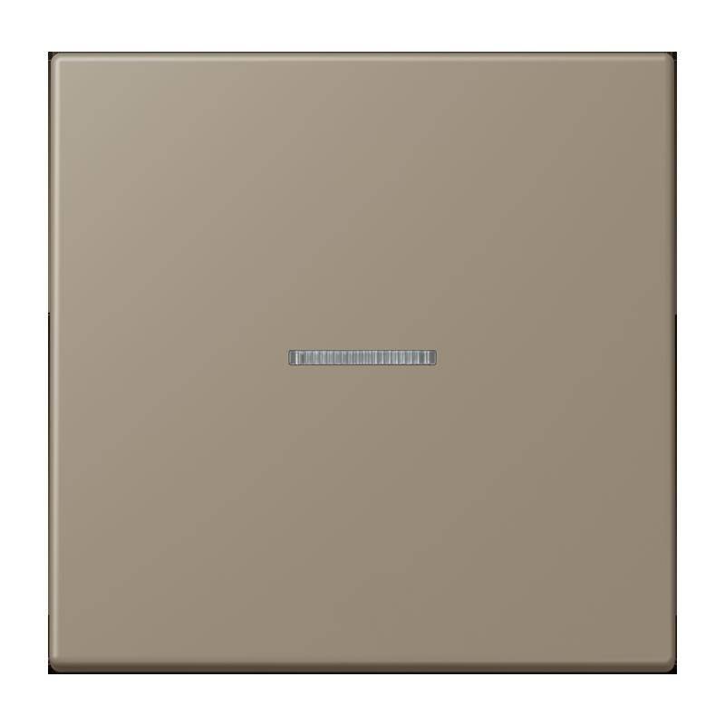 Ein quadratischer metallischer Lichtschalter mit minimalistischem Design und einem schmalen horizontalen Indikator in der Mitte.