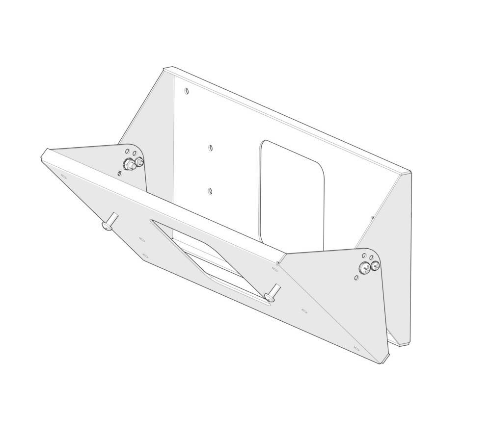 Eine technische Zeichnung einer Metallhalterung mit vorgebohnten Löchern und einem zentralen rechteckigen Ausschnitt, entwickelt zur Wandmontage.