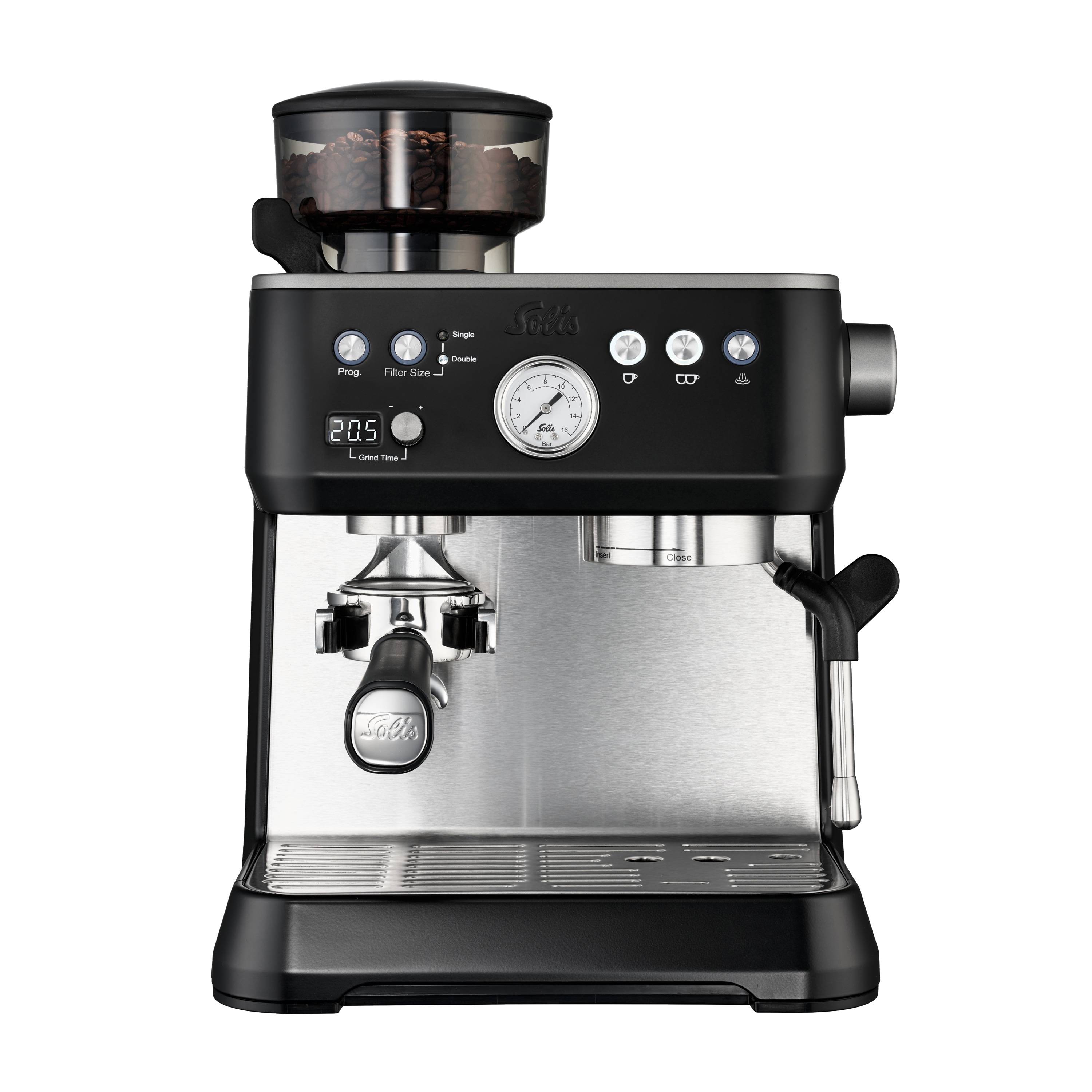 Solis Siebträger Kaffeemaschine 54 mm Siebhalter Milchaufschäumer Bohnenmahlwerk