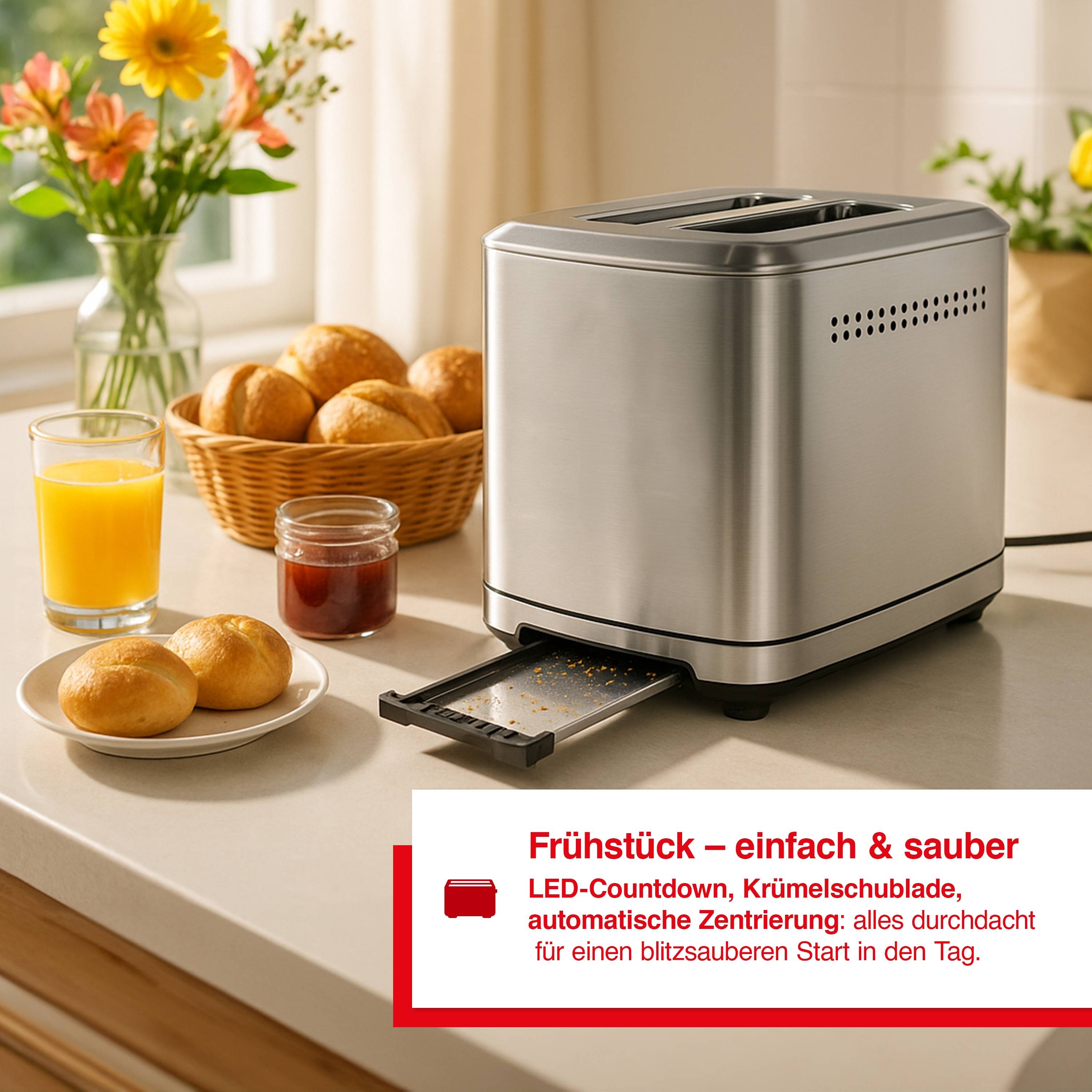 Solis Zwei-Schlitz Toaster, Brötchenaufsatz, Wiedererhitzungsfunktion, Countdown
