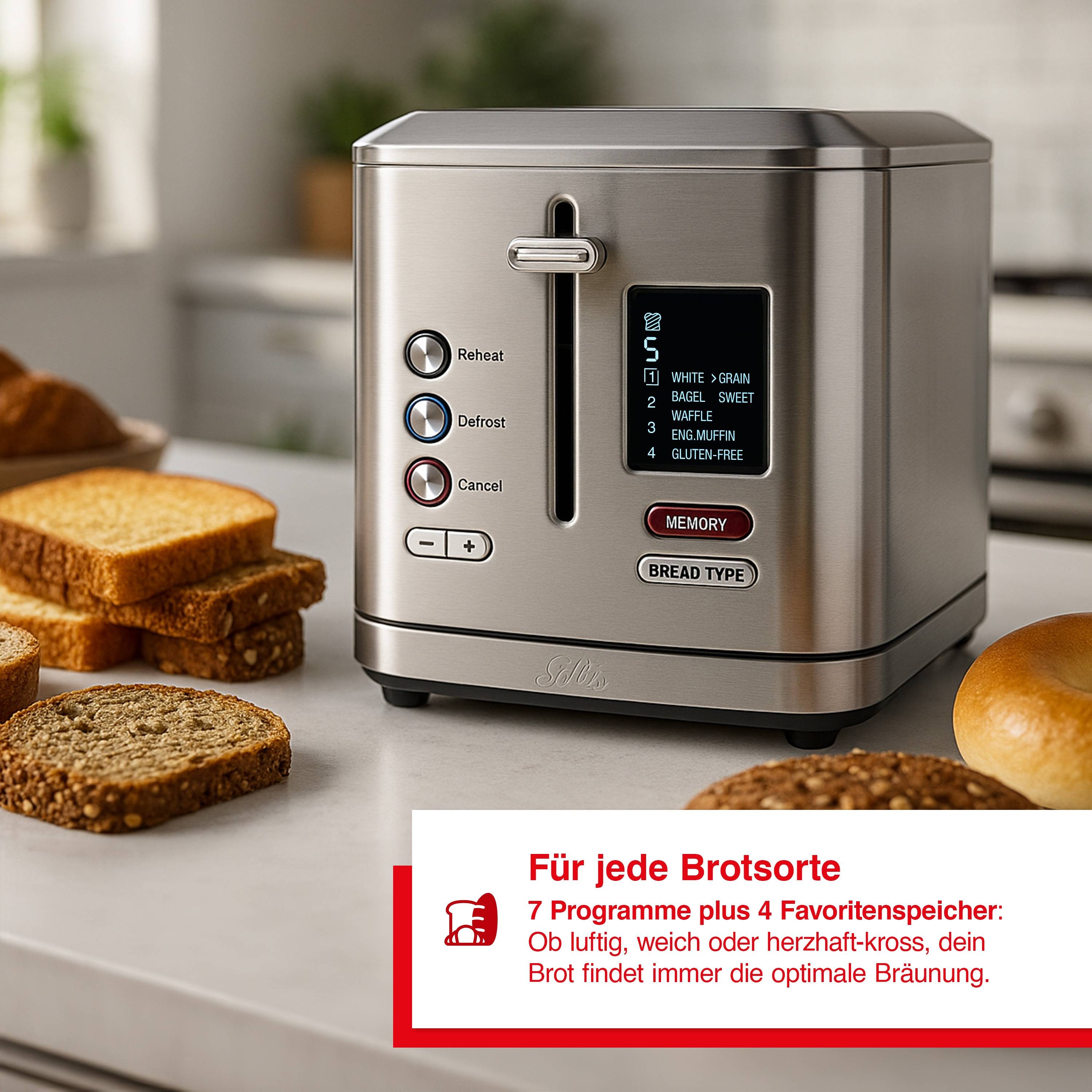 Solis Zwei-Schlitz Toaster, Brötchenaufsatz, Wiedererhitzungsfunktion, Countdown