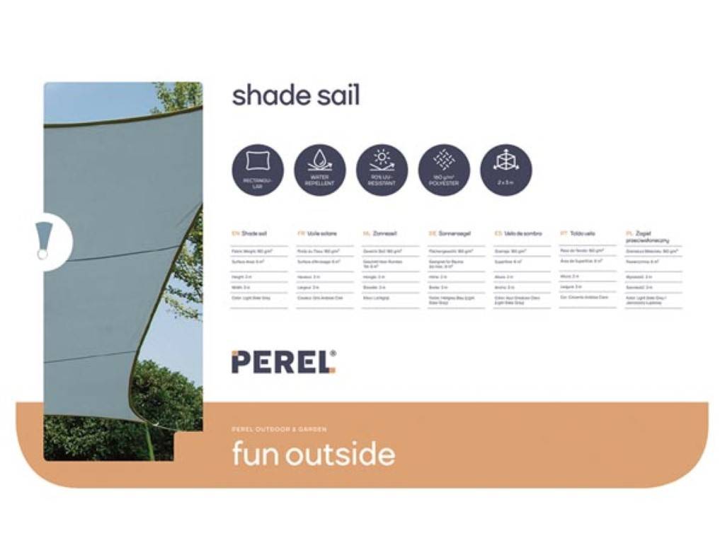 Perel Sonnensegel, wasserabweisend, 2 x 3 m, 160 g/m², Polyester, Rechteck, Hellgrau
