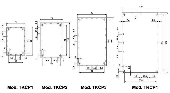 Bauplan von zwei rechteckigen Modellen, 'Mod. TKCP2' und 'Mod. TKCP3', mit Abmessungen in Millimetern. Beide haben gekennzeichnete Seiten und Eckdetails.