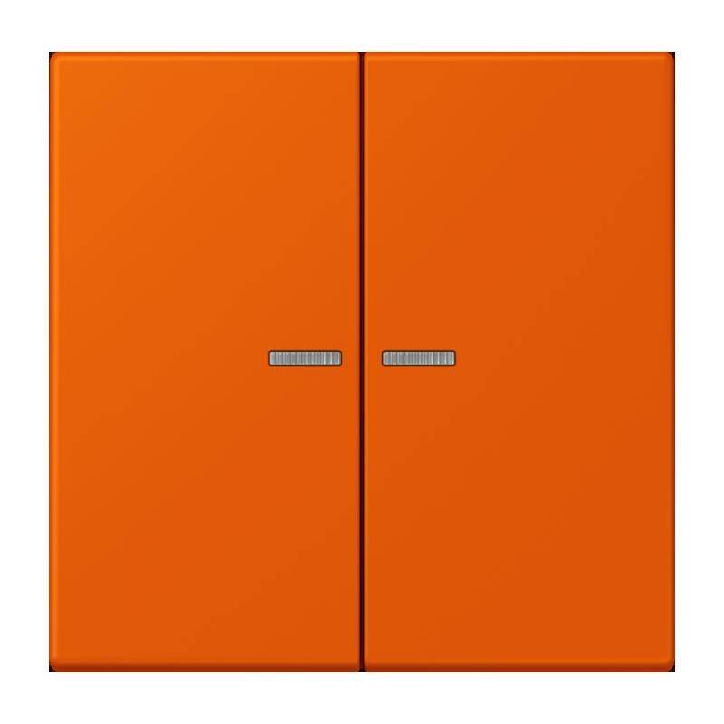 Zwei geschlossene orangefarbene Schranktüren mit kleinen metallischen Griffen, die mittig vertikal platziert sind.